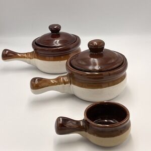 Set of 3 Vintage French Onion Soup Crocks Handled Bowls Lids Brown Tan 1 is Mini